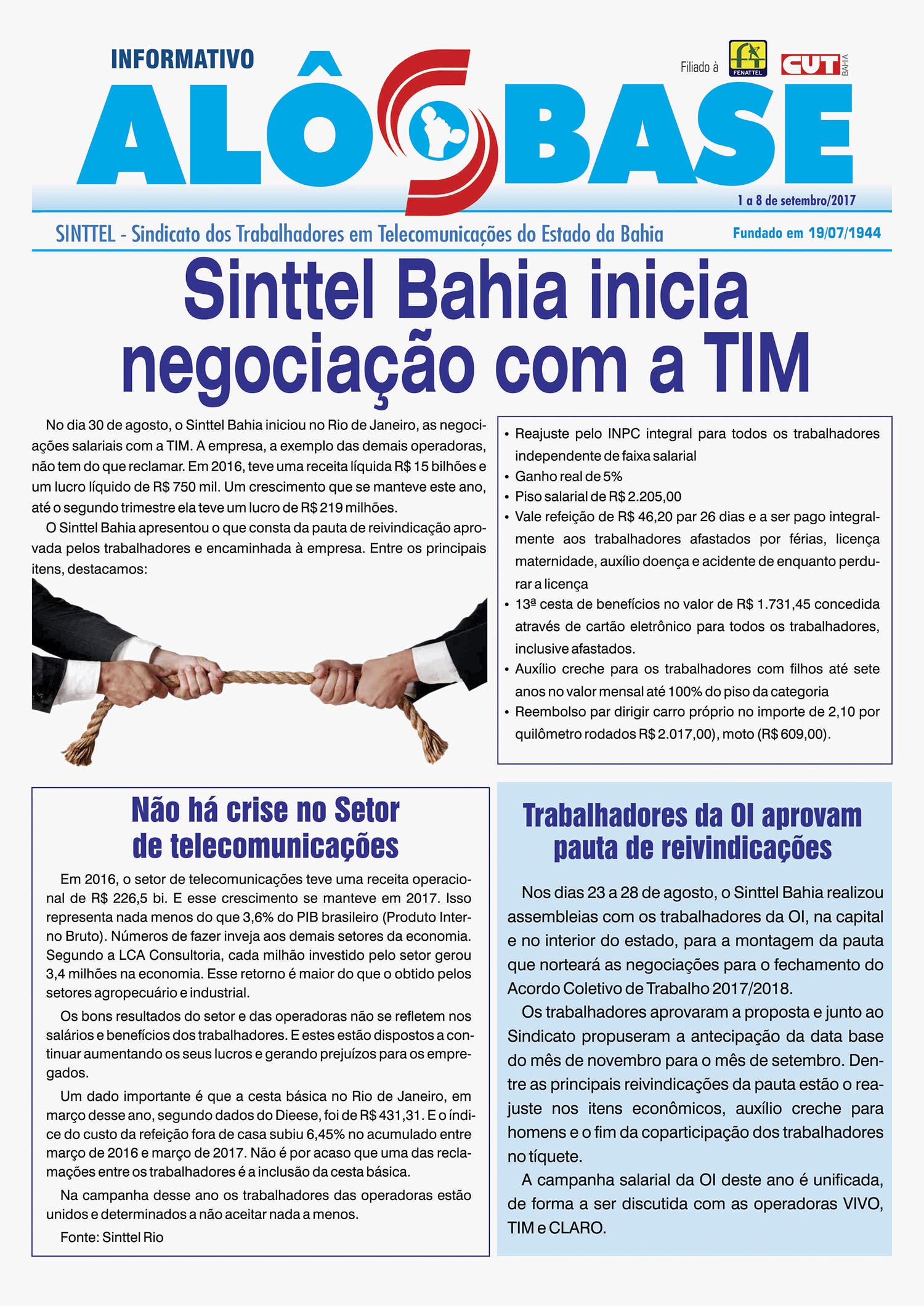 Sinttel Bahia inicia negociaÃ§Ã£o com a TIM 